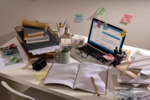Een van de fouten van zzp'ers is het niet goed of rommelig bijhouden van de administratie. Deze afbeelding toont daarom een rommelig en vol bureau, waar de administratie overal en nergens opgeslagen is. 