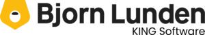 Het nieuwe logo van KING Software, dat nu Bjorn Lunden heet. Het logo bestaat uit de naam van beide bedrijven in een zwart, strak lettertype en een klein beeldmerk met oranje, wit en zwart.